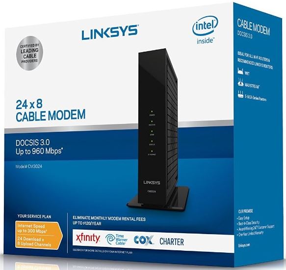 Renewed Linksys High Speed DOCSIS 3.0 24x8 Cable Modem Cox & Charter Time Warner CM3024 for Comcast/Xfinity 