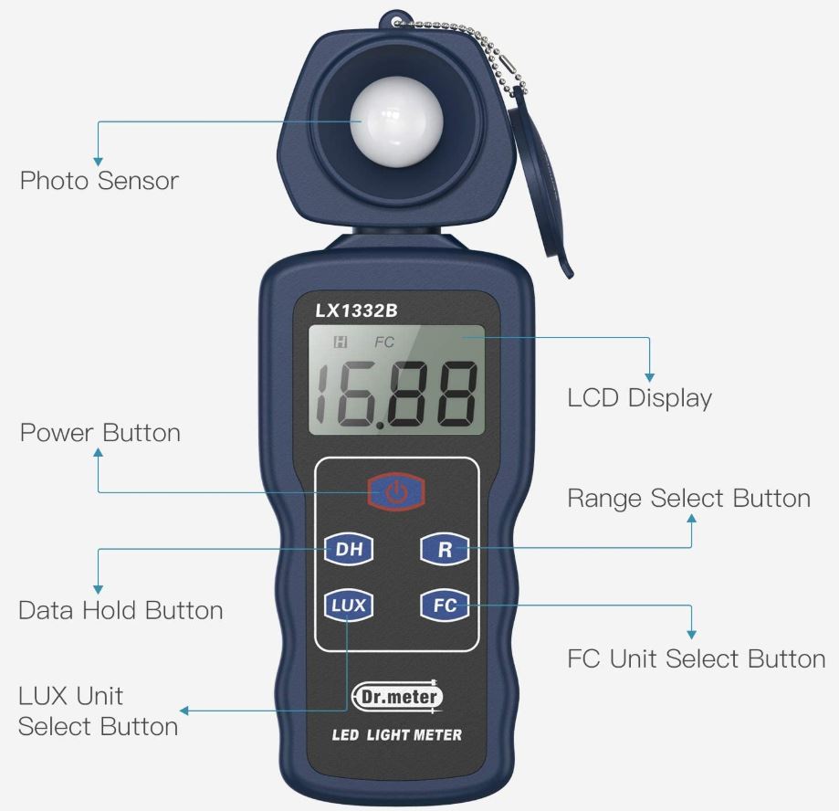 Light Meter Luxmeter MAX/MIN/Data Hold Backlight LCD Display lumens Meter for Agriculture Researching and Illumination Control Digital Illuminance Lux Meter Photometer 0 to 200,000 Lux