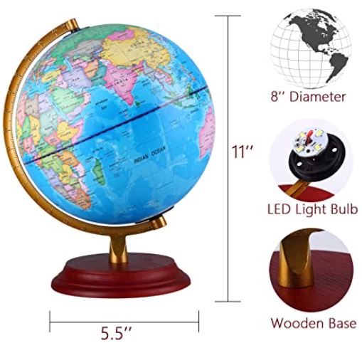 TTKTK Illuminated World Globe for Kids with Wooden Stand,Built in LED for 
