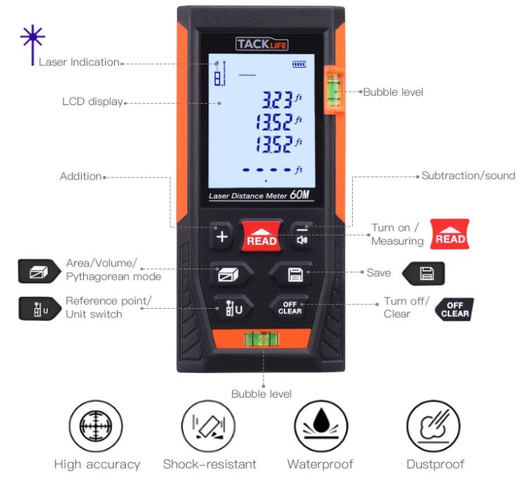 Tacklife HD60 Classic Laser Measure 196Ft M/In/Ft Mute Laser Distance Meter with 