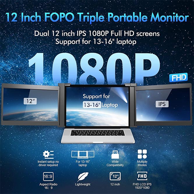 FOPO 12-inch Triple Portable Monitor