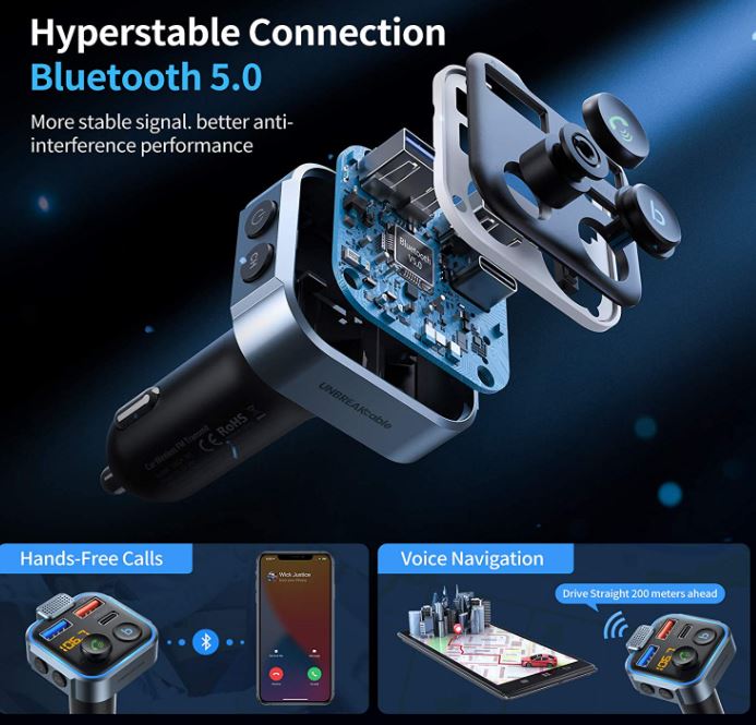 UNBREAKcable Bluetooth 5.0 FM Transmitter for Car