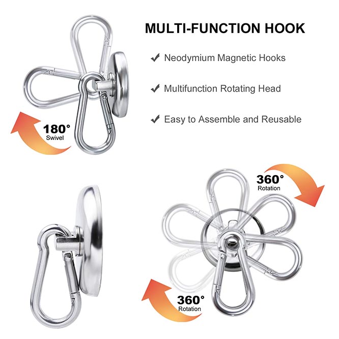 Great for Your Refrigerator and Other Magnetic Surfaces Wukong 75LBS Rotating Swivel Swing Strong Neodymium Magnet Hooks Magnetic Hooks Heavy Duty 6 Pack 
