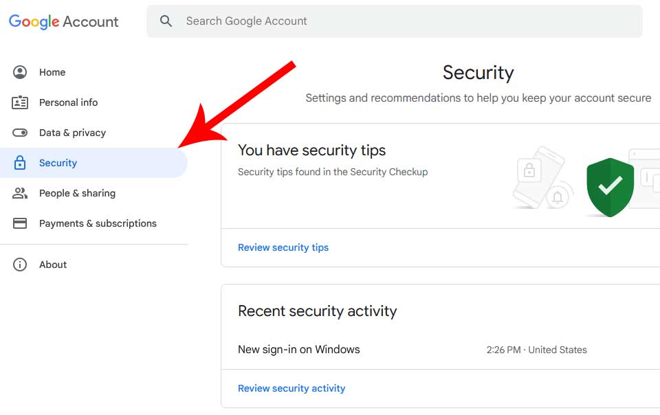 google account security page