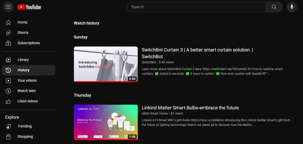 youtube watch history page