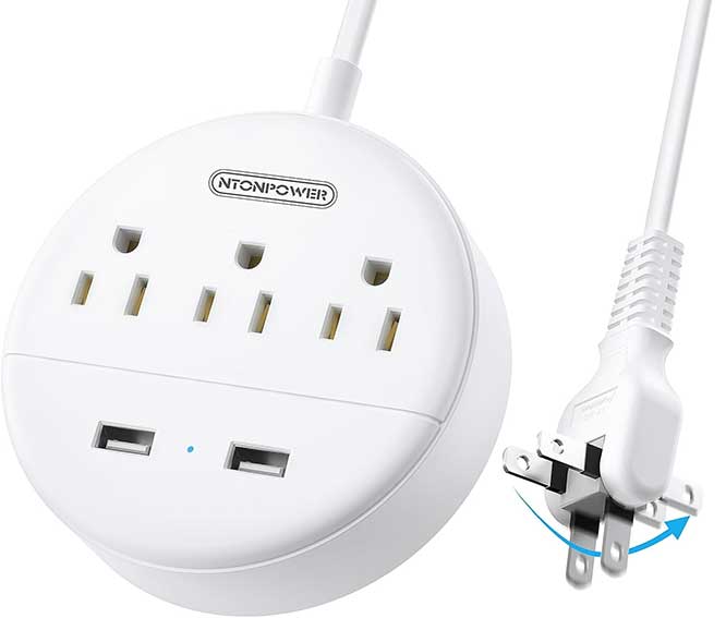 Ntonpower Power Strip 3 Outlets 2 USB Flat Cord