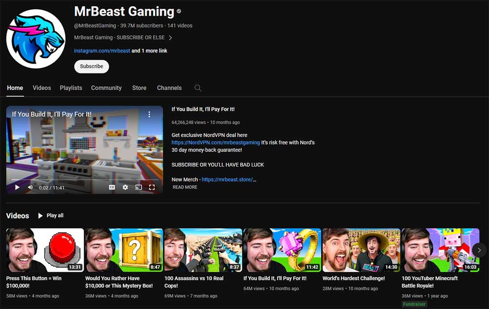 mrbeast gaming youtube channel