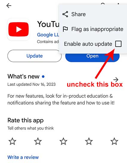 youtube app uncheck enable auto update