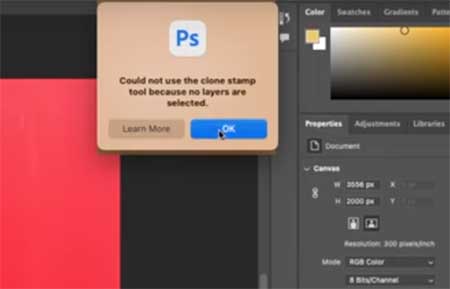 could not use the clone stamp tool because no layers are selected