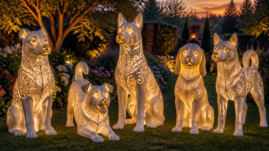 solar powered illuminated dog statues with garden display