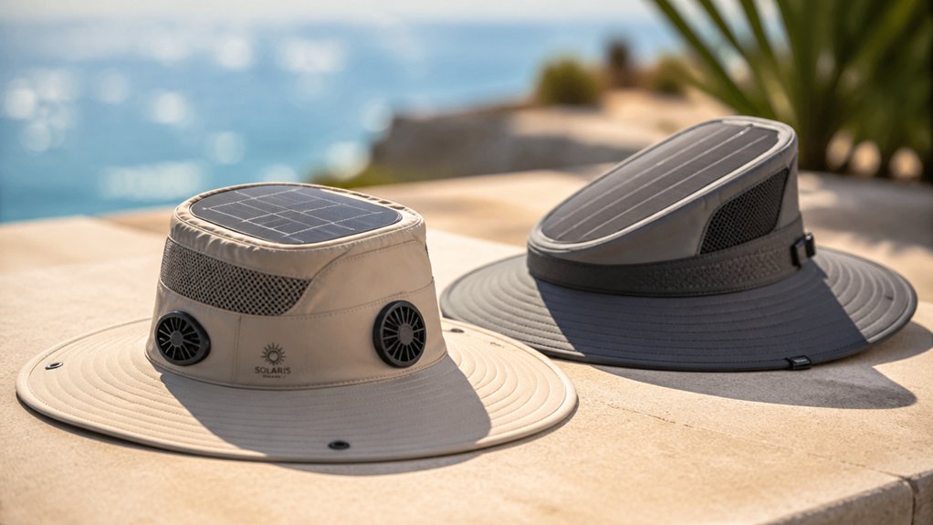two solar fan sun hats