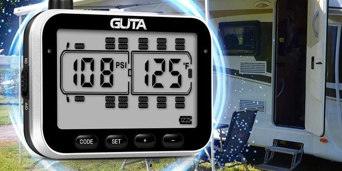 Real-time Monitor Pressure 6 Alarm Modes tpms 4 External Sensor High-end Backlight LCD Display Can Monitor up to 8-10 Tires Automatic Sleep Mode 0-188 PSI GUTA Tire Pressure Monitoring System 